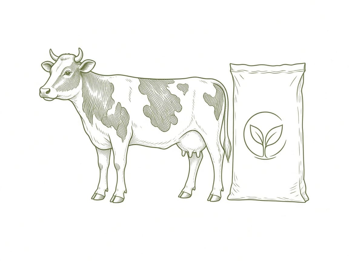 Dairy cow beside an Aliplus feed bag